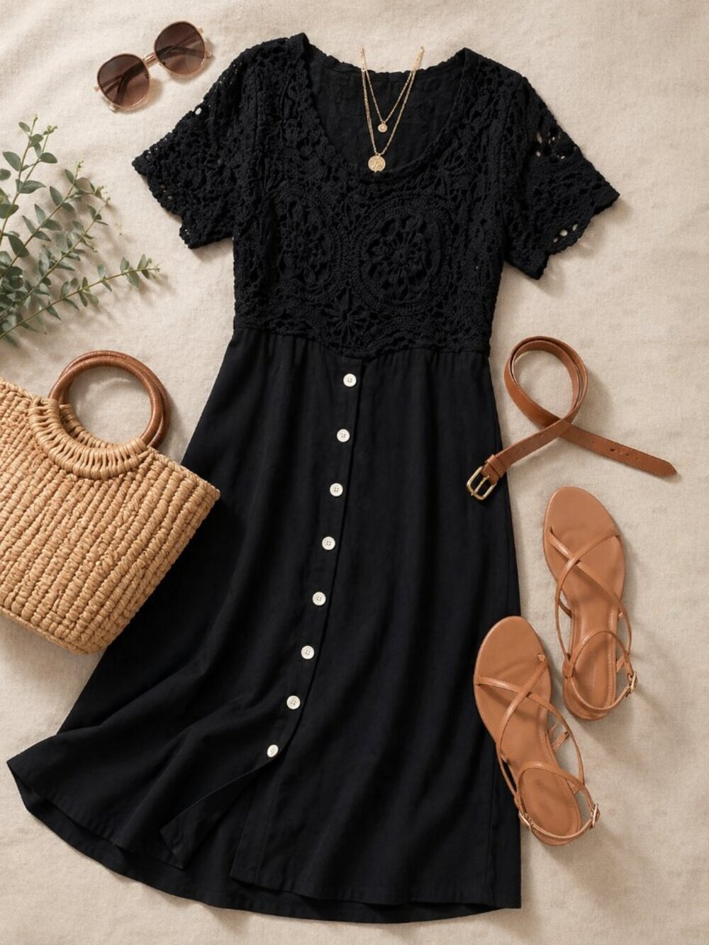 Mix Nouveau Black Lace Button Front Midi Dress Boho Cottagecore 12P